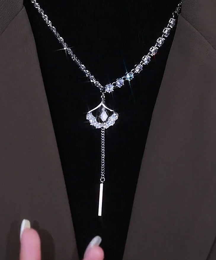 Style Silk Sterling Silver Zircon Ginkgo Leaf Tassel Lariat Necklace Gh1004