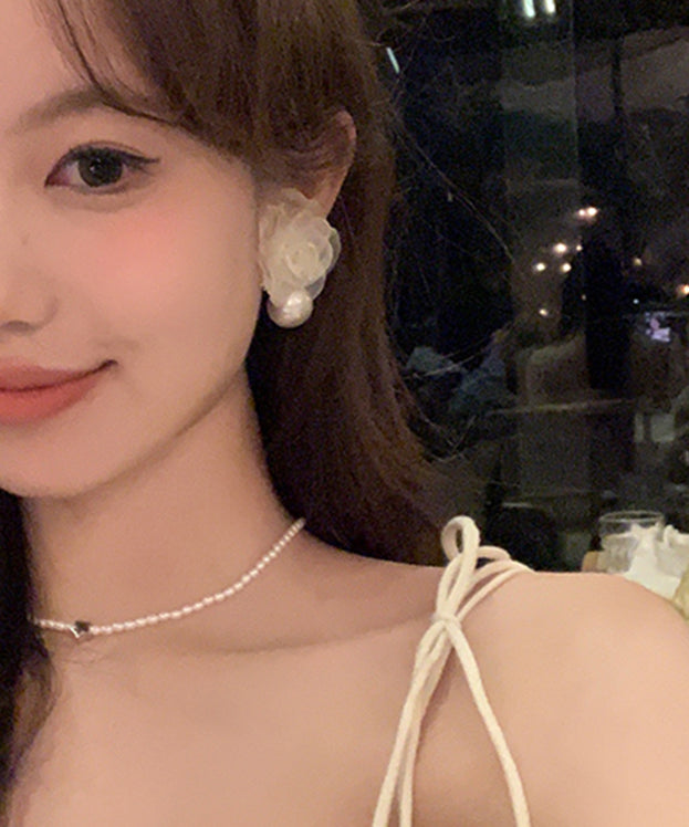 Stylish Beige Pearl Chiffon Hoop Earrings Ly1795