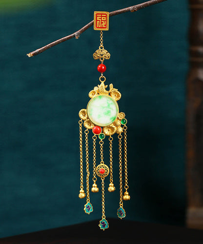 Stylish Gold Ancient Gold Auspicious Clouds Enamel Agate Tassel Brooches Kx1075