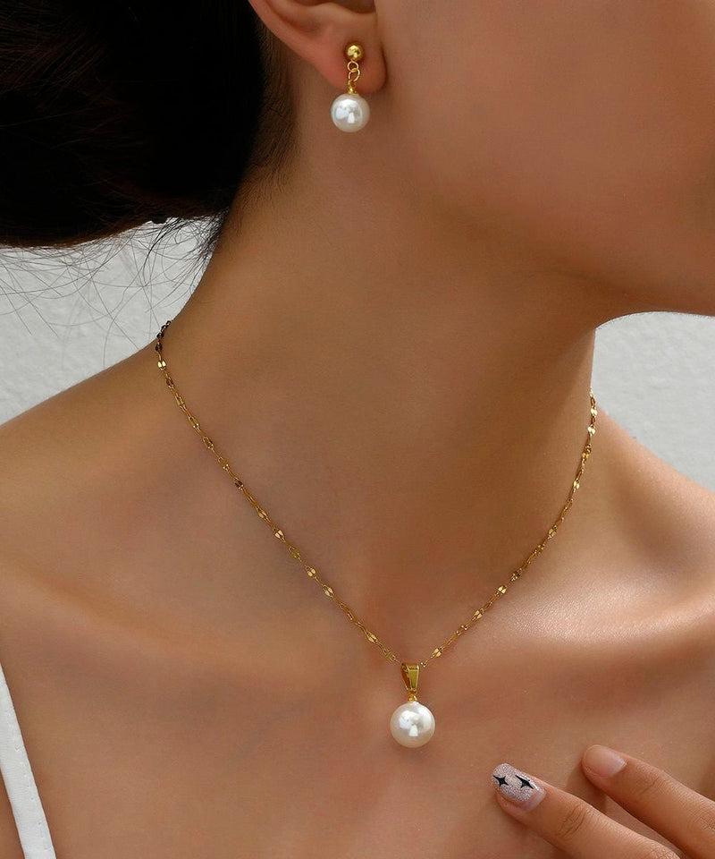 Stylish Gold Copper Overgild Jade Pendant Necklace and Drop Earrings Two-piece Set