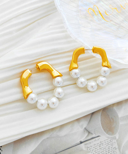 Stylish Gold White Colour Patchwork Copper Glass Pearl Hoop Earrings