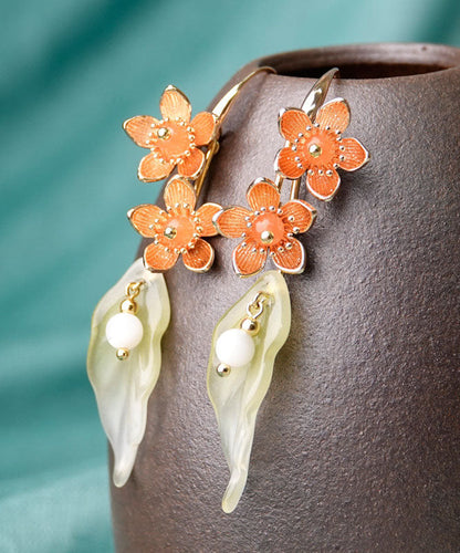 Stylish Green Acrylic Flower 14k Gold Drop Earrings