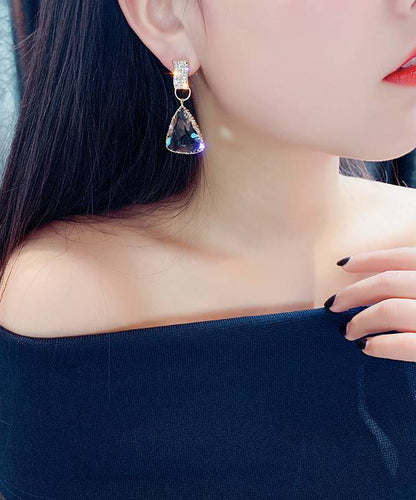 Stylish Nude Sterling Silver Ovetgild Inlaid Zircon Triangle Crystal Drop Earrings Gh1081