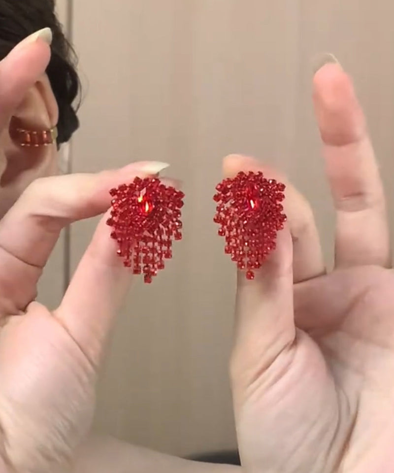 Zircon Earrings Stylish Stud Tassel Alloy Red