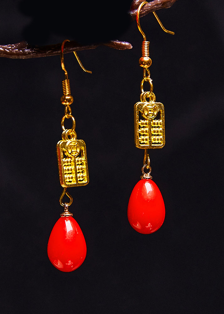 Stylish Red Coral 14k Gold Abacus Drop Earrings