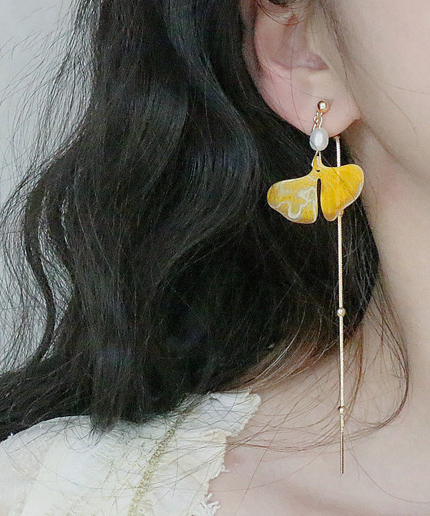 Stylish Yellow 14k Gold Pearl Ginkgo Leaf Tassel Drop Earrings Gh1070