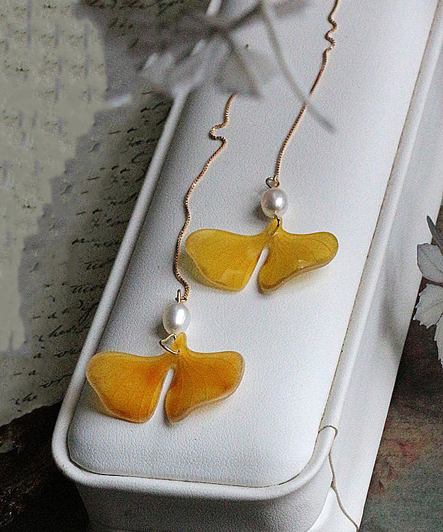Stylish Yellow 14k Gold Pearl Ginkgo Leaf Tassel Drop Earrings Gh1070