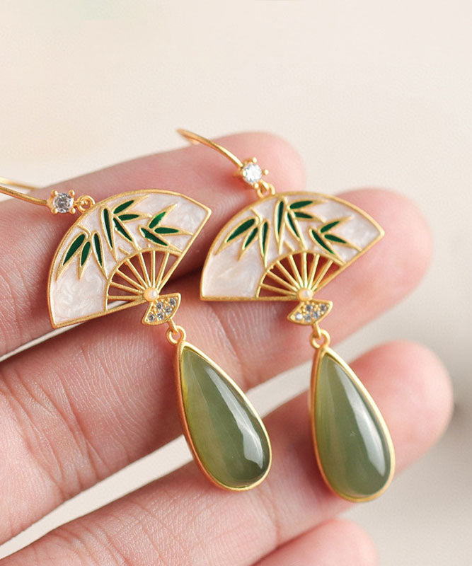 Unique Green Sterling Silver Overgild Pearl Zircon Fan Shaped Drop Earrings Tw1040
