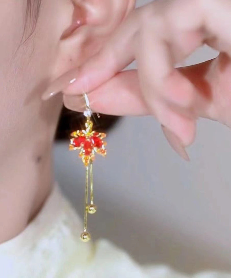 Unique Red Sterling Silver Overgild Zircon Maple Leaves Tassel Drop Earrings