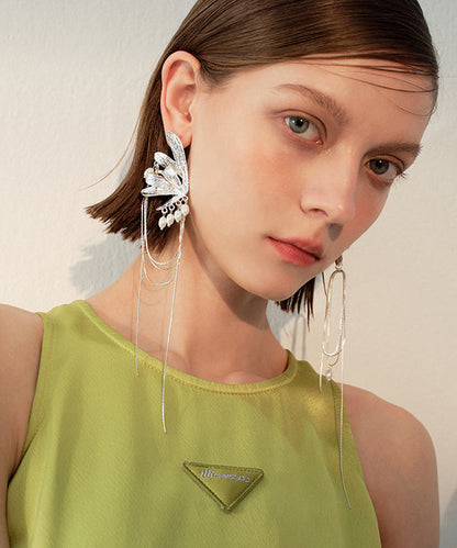 Unique Silk Asymmetric Butterfly Tassels Exaggeration Silver Plated Drop Earrings