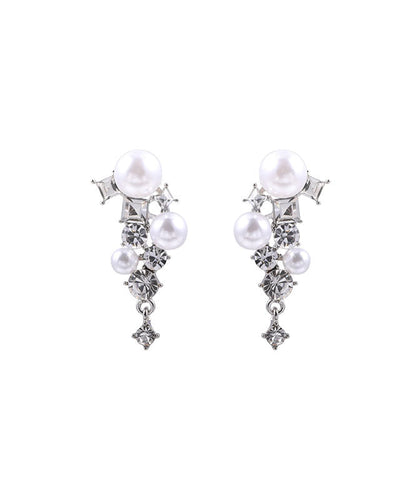 Unique Sterling Silver Pearl Zircon Geometry Tassel Drop Earrings