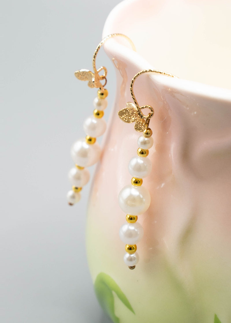 Unique White Pearl Golden Butterfly Drop Earrings