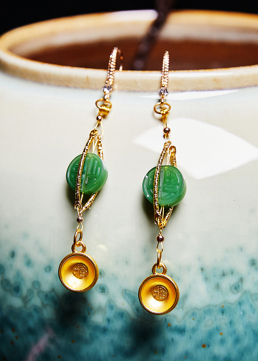 Blessed Bowl Gilding Fine Jade Drop Earrings