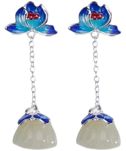 Blue Silver Jade Drop Cloisonne Lotus Earrings