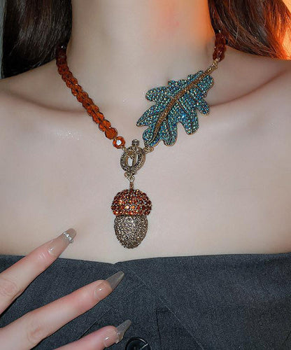 Coffee Alloy Zircon Crystal Leaves Pendant Necklace Qz019