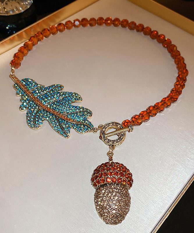Coffee Alloy Zircon Crystal Leaves Pendant Necklace Qz019