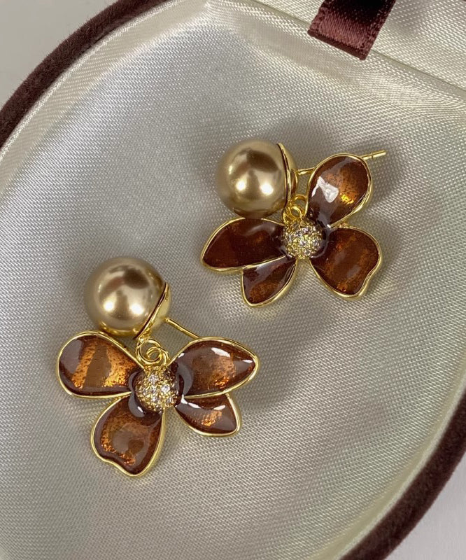 Coffee Copper Overgild Pearl Stud Earrings
