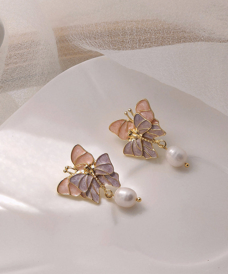 Colorblock Sterling Silver Overgild Pearl Butterfly Drop Earrings
