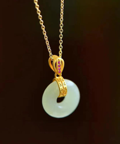 Gold Stainless Steel Alloy Jade Zircon Pendant Necklace