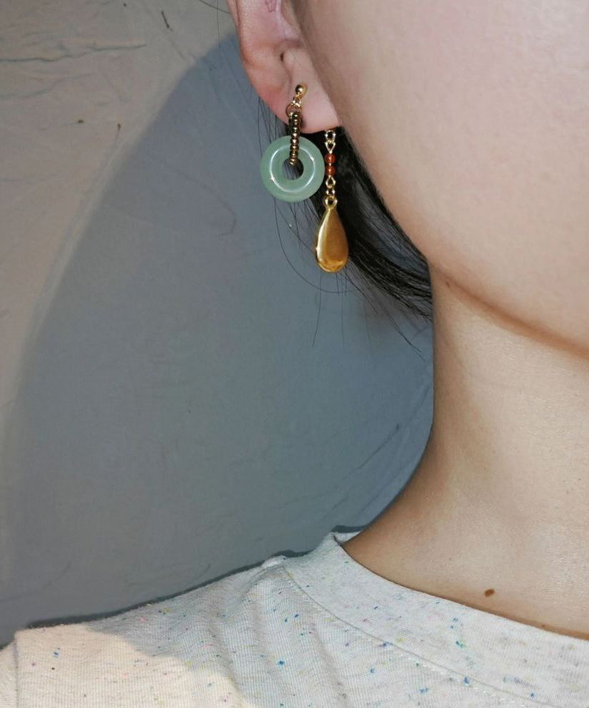 Gold Stainless Steel Overgild Jade Water Drop Drop Earrings
