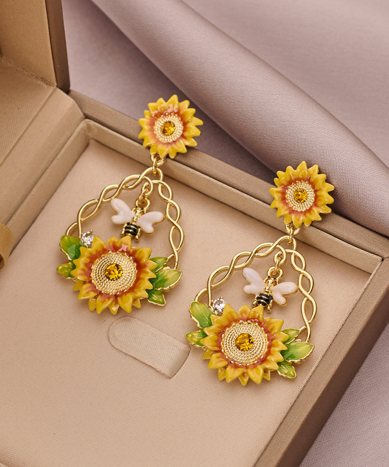 Gold Zircon Sunflower Pearl Tassel Lariat Necklace Bracelet and Drop Earrings Three Piece Set Et035