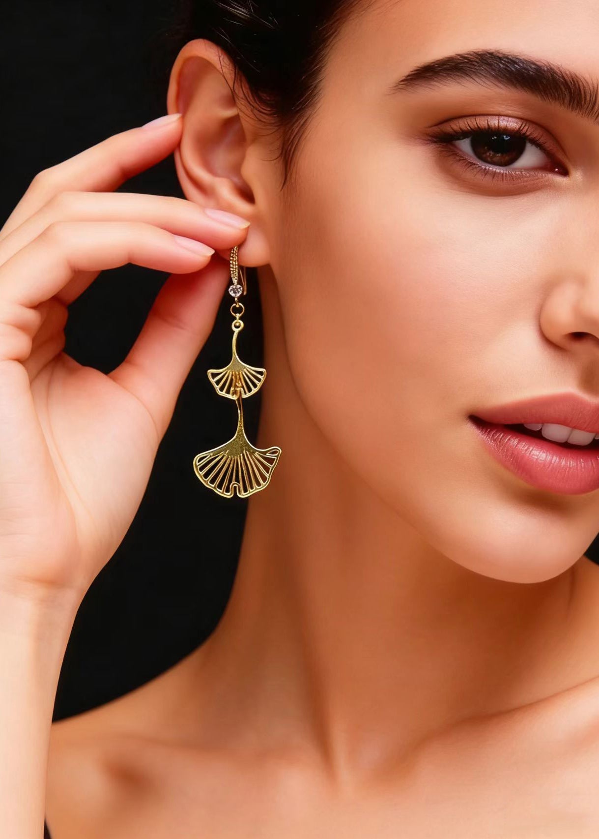 Golden Ginkgo Leaf Zircon Drop Earrings