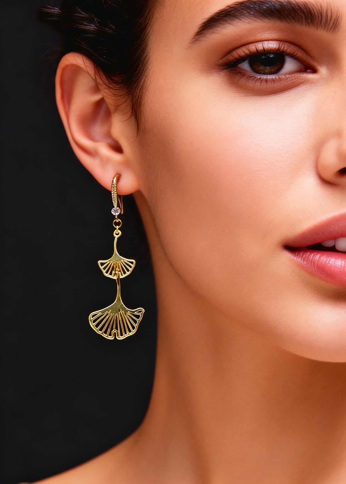 Golden Ginkgo Leaf Zircon Drop Earrings