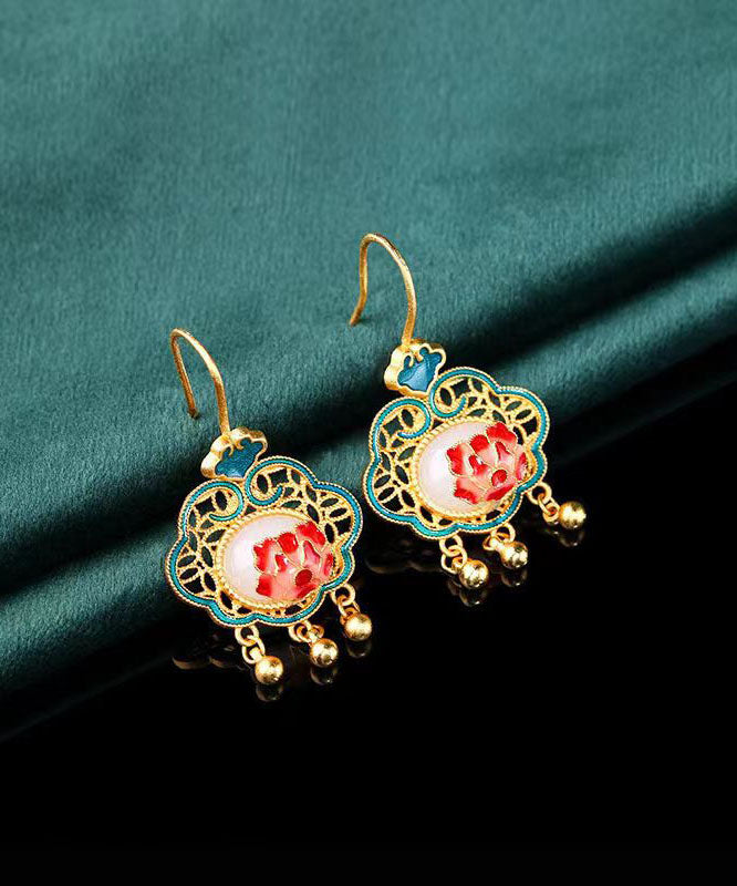 Green Ancient Gold Jade Enamel Tassel Drop Earrings