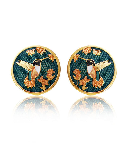 Green Hummingbird Among Flowers Stud Earrings