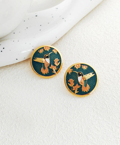 Green Hummingbird Among Flowers Stud Earrings