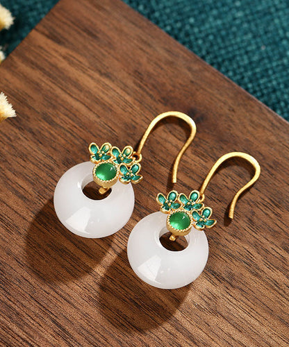 Green Overgild Inlaid Jade Safety Buckle Drop Earrings