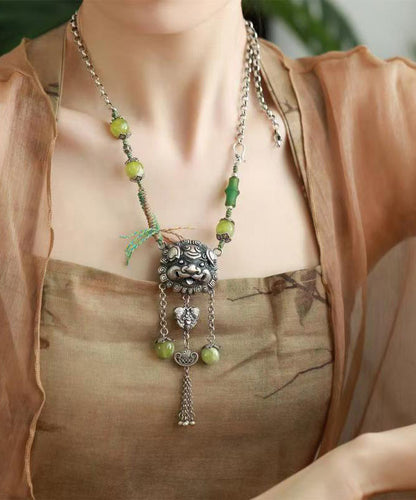 Green Sterling Silver Jade Tassel Lariat Necklace Qj051