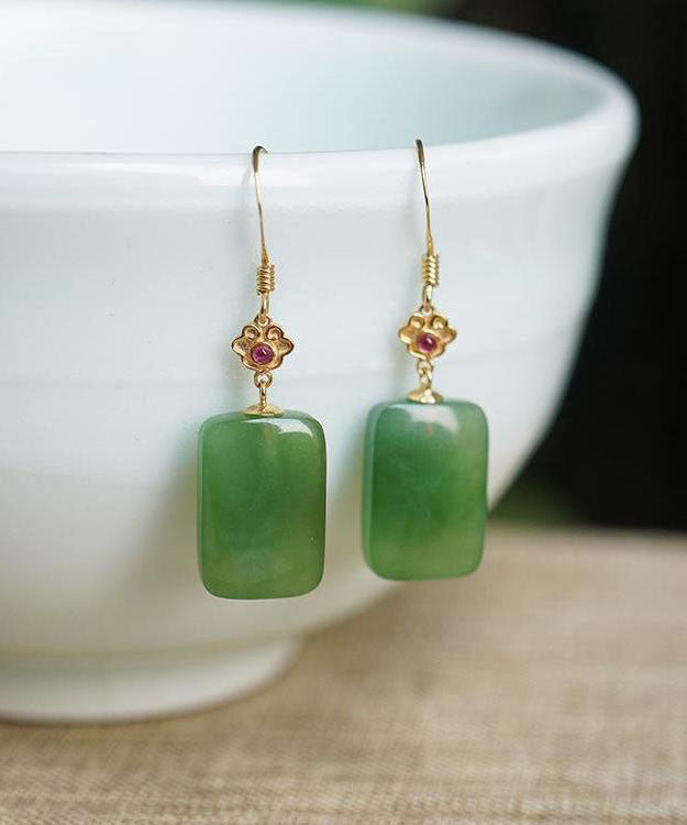 Green Sterling Silver Square Jade Drop Earrings Tw1051