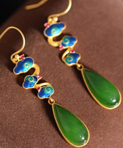 Green Sterling Silver Water Drop Hetian Jade Drop Earrings
