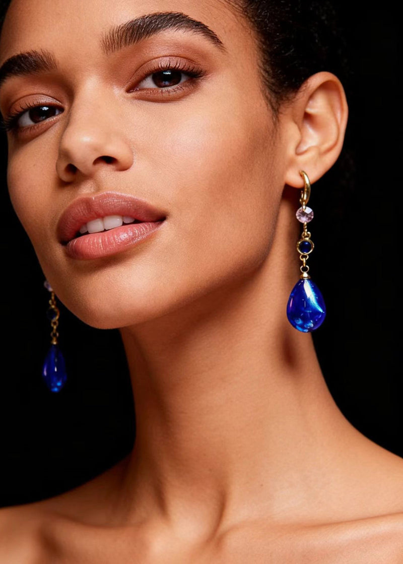 Peacock Blue Water Droplet Gem Stone Drop Earrings
