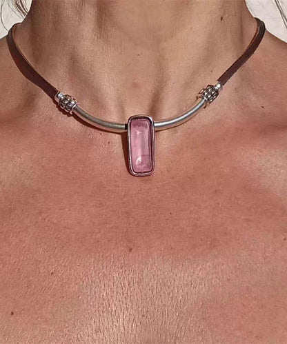 Pink Leather Alloy Crystal Pendant Necklace