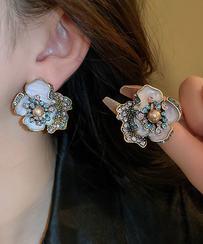Purple Alloy Zircon Pearl Drip Glaze Stud Earrings