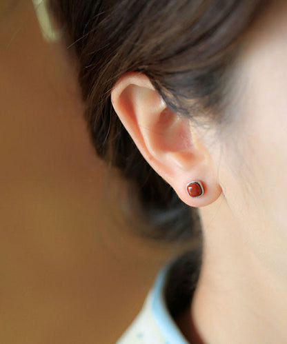 Red Sterling Silver Inlaid Agate Stud Earrings Tw1034