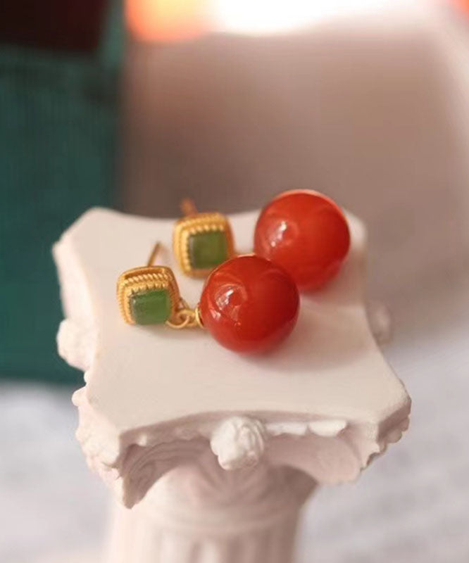 Red Sterling Silver Overgild Inlaid Agate Drop Earrings