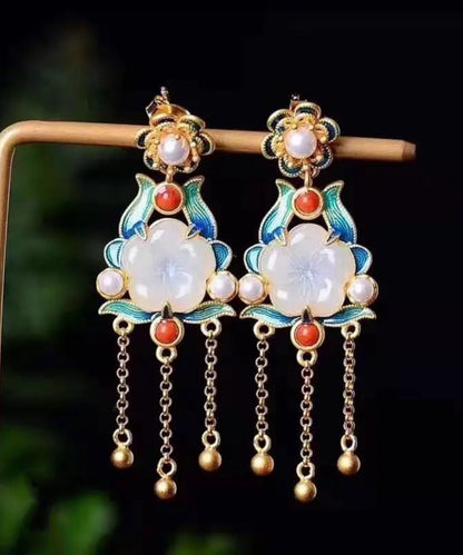 White Sterling Silver Overgild Inlaid Jade Agate Pearl Drop Earrings