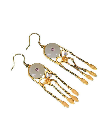 White Tassel Silver Gold Plated Jade Drop Earrings