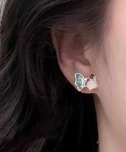 Vogue Colorblock Alloy Crystal Butterfly Enamel Stud Earrings
