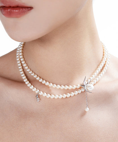 White Light Swallow Pearl Double Layered Alloy Necklace