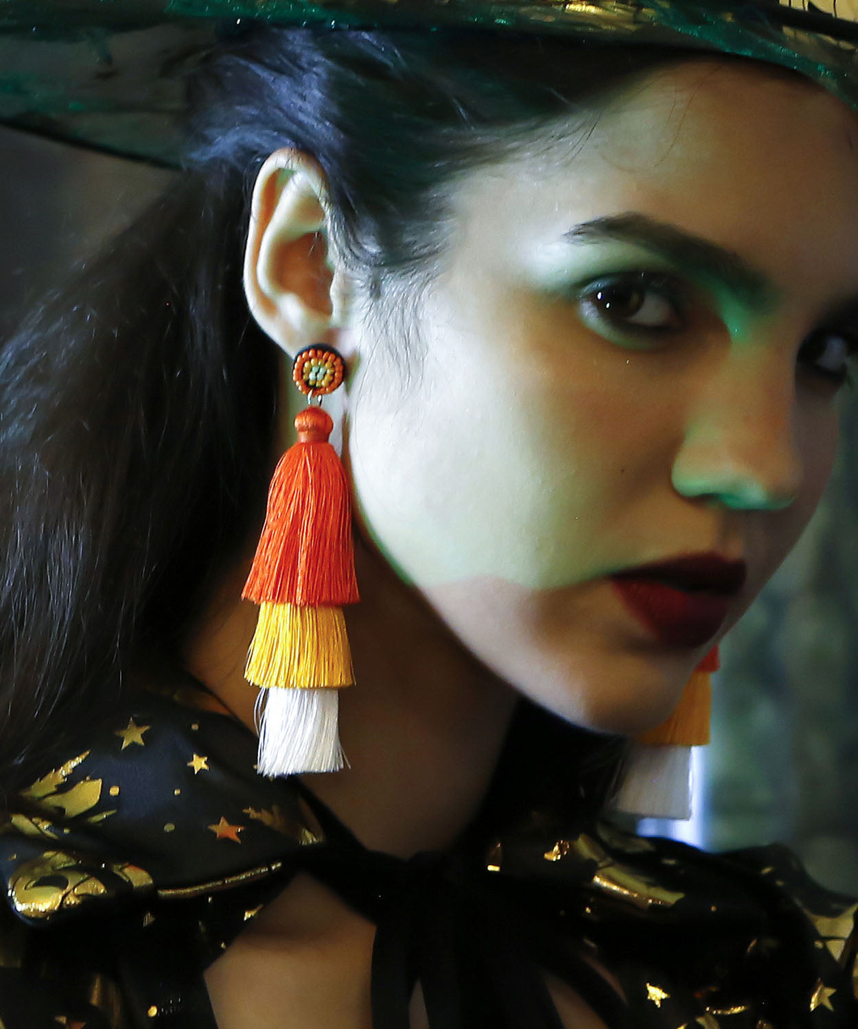 Black Rice Ball Silk Cotton Tassel Drop Earrings