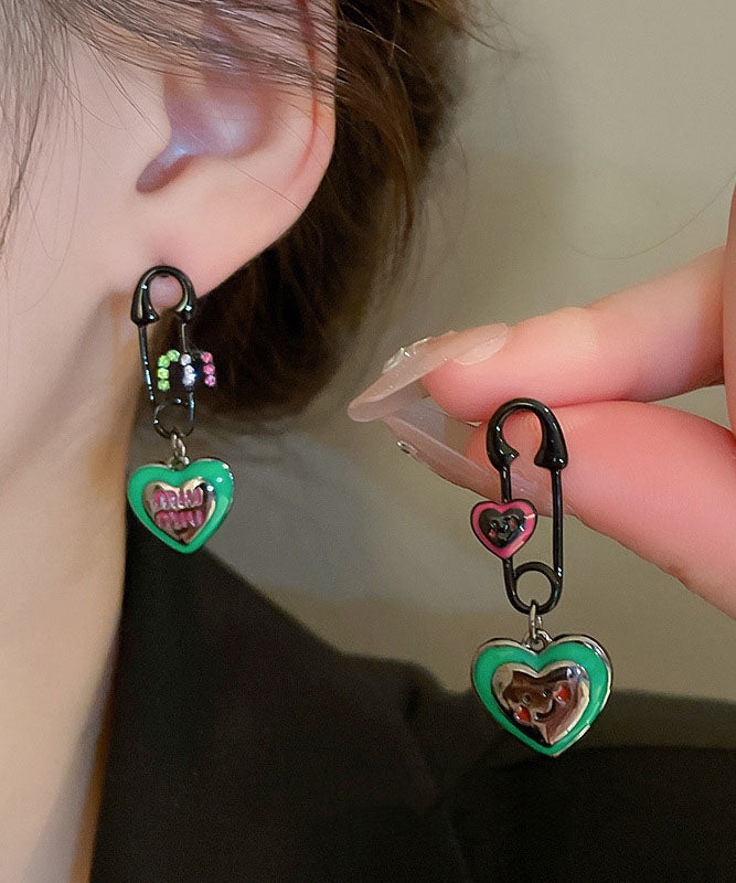 Graphic Drip Love Glaze Drop Zircon Earrings Alloy Green