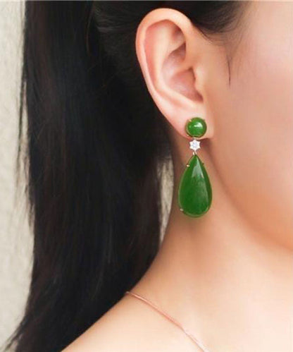 Spinach Green Jade Zircon Water Drop Drop Earrings
