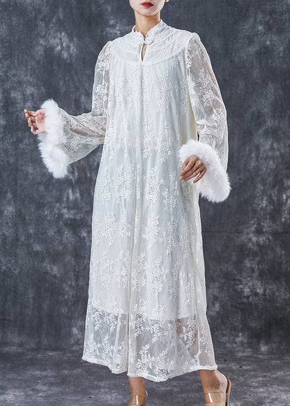 White Embroidered Patchwork Mink Hair Lace Dresses Spring