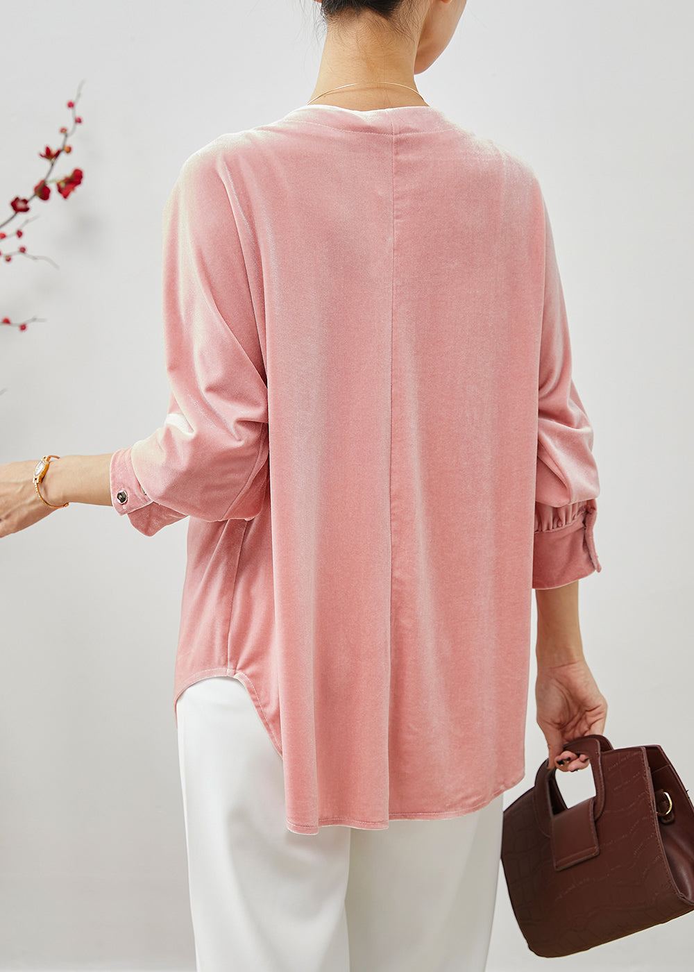 Pink V Neck Nail Bead Silk Velour Shirt Fall