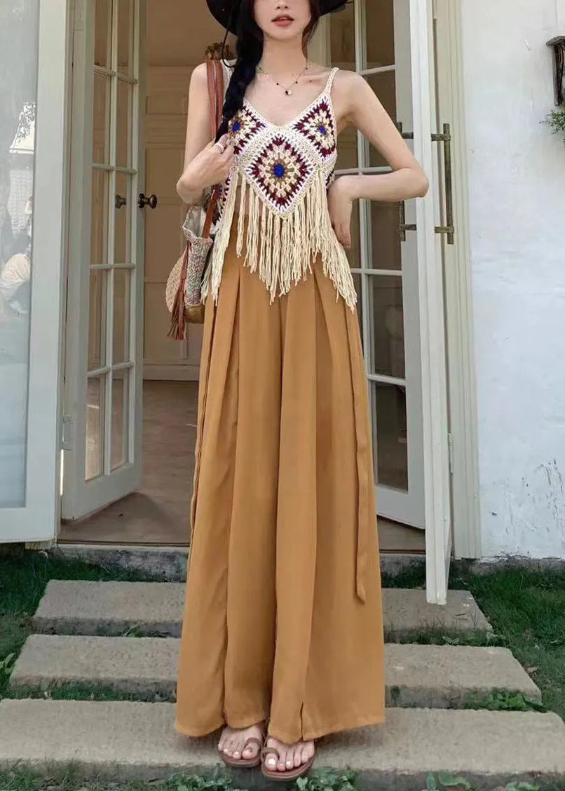 Apricot Hollow Out Tasseled Strap Tank Summer