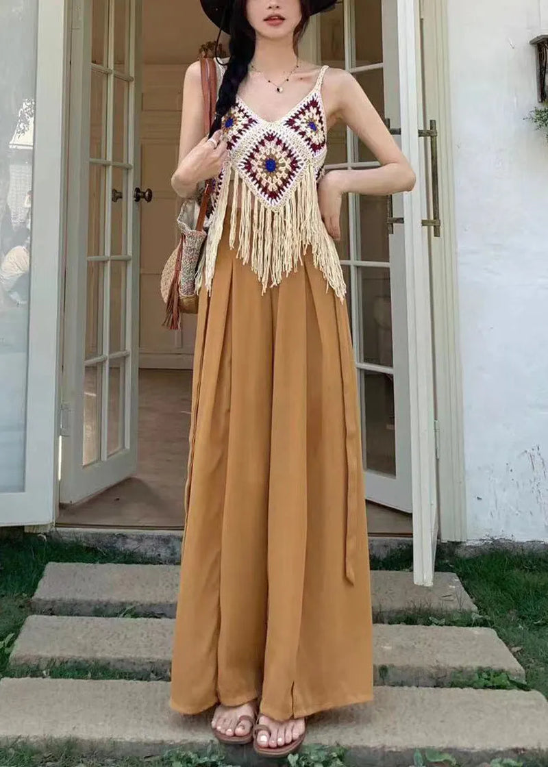 Apricot Hollow Out Tasseled Strap Tank Summer